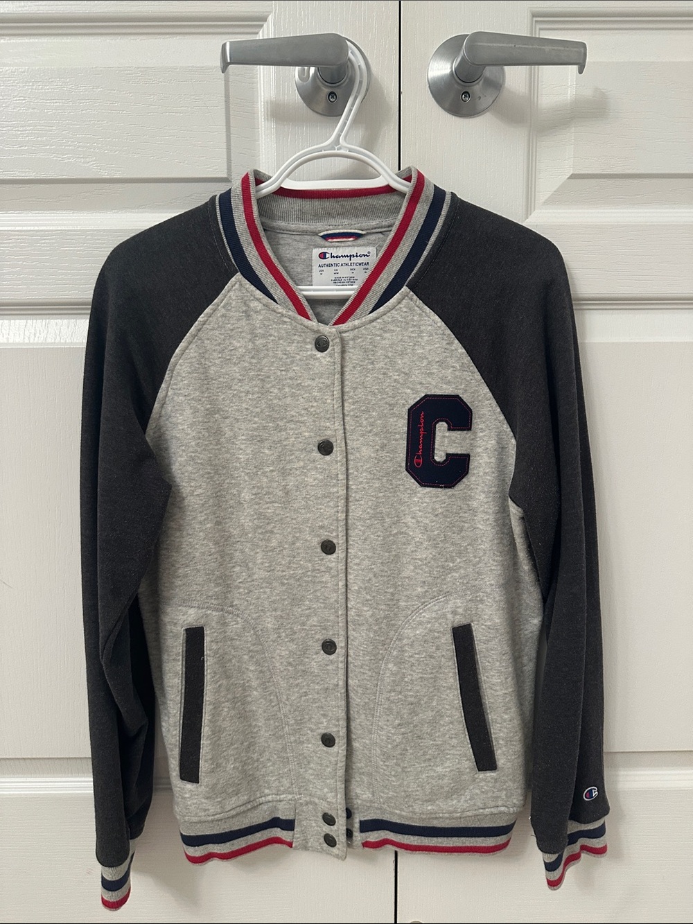 Champion Grey and Black Letterman Jacket with Red & Navy Trim